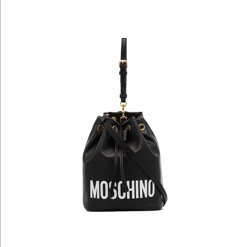Moschino Black Leather Logo Drawstring Shoulder Bag